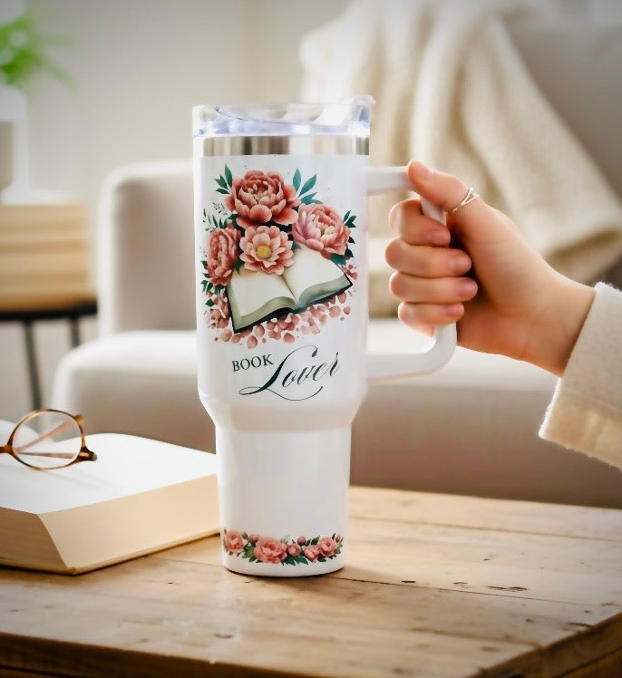 40oz Sublimated Tumbler | Bookish Stainless Steel Cup with Handle