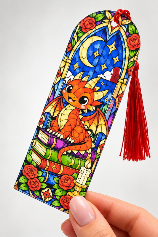 Acrylic Bookmarks with Tassel – Original Wendy Owens Artwork, UV Printed | Dragon, Black Cat & Bookshelf Designs