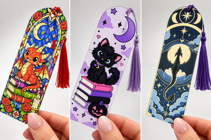 Acrylic Bookmarks with Tassel – Original Wendy Owens Artwork, UV Printed | Dragon, Black Cat & Bookshelf Designs
