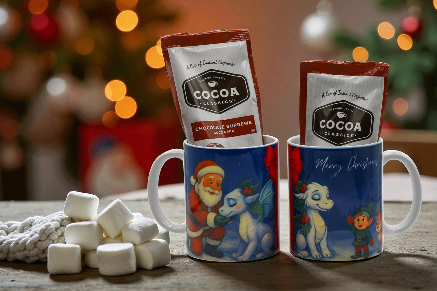 Set of two Emberly 12 oz mugs with hot chocolate packets